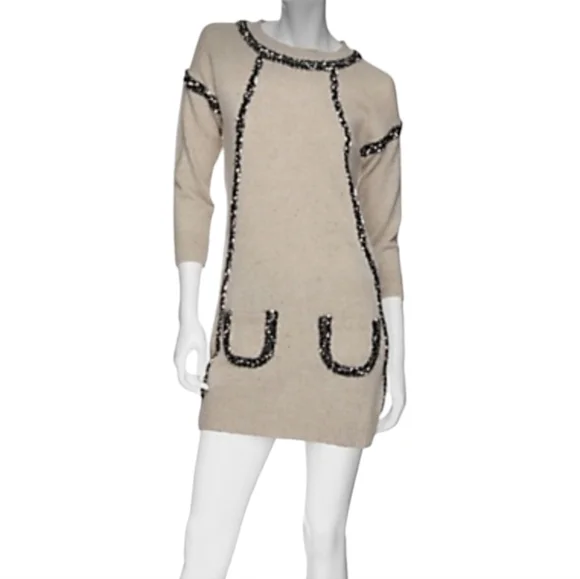 SEE BY CHLOÈ Wool Knit Dress Jumper Mini Dress Pockets Tan Black White Sparkle - Picture 9 of 9